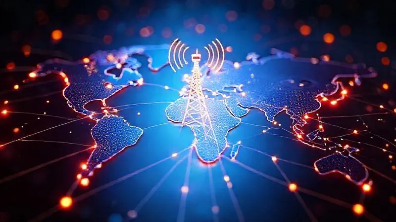 A photorealistic 3D rendering of a global network map, with glowing lines connecting various continents, symbolizing a Content Delivery Network (CDN) efficiently distributing data. The lines converge on a central radio tower icon, with rays of stable audio waves spreading out. Cinematic lighting, sharp focus on the network points, depth of field blurring the background. 8K hyper-detailed, professional photography style.