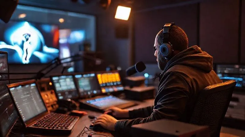 A photorealistic, professional photography of a modern radio studio control room at night, with a power outage indicated by a flickering main light, but emergency backup lights are on, and a technician calmly switches to a backup internet connection on a router. The scene conveys readiness and resilience in face of adversity. Cinematic lighting, sharp focus on the technician and backup equipment, depth of field blurring the background. 8K hyper-detailed, shot on a high-end DSLR.