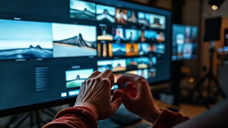 A photorealistic image of a photographer's hands meticulously curating a selection of high-resolution images on a large, professional monitor, with other screens showing various photographs in the background. The focus is on the thoughtful selection process, cinematic lighting, sharp focus on the hands and monitor, depth of field blurring the studio background. 8K hyper-detailed, shot on a high-end DSLR.