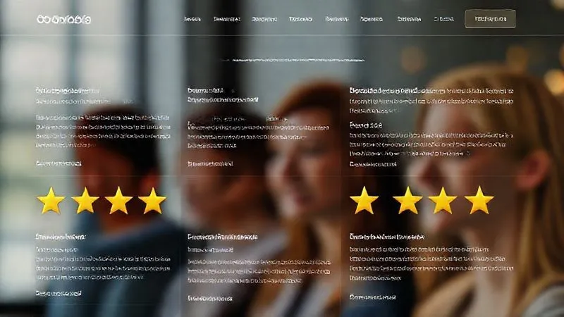 A photorealistic image showing a well-designed website section dedicated to client testimonials, with diverse faces and quotes, alongside glowing star ratings. The layout is clean and professional, with cinematic lighting highlighting the positive feedback, sharp focus on the testimonials, depth of field blurring the background. 8K hyper-detailed, shot on a high-end DSLR.