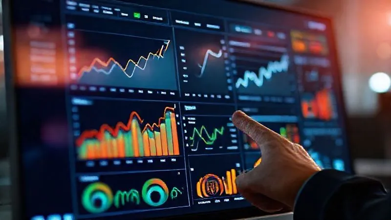 A photorealistic image of a sleek, modern analytics dashboard displaying various graphs and charts showing website traffic, conversion rates, and user engagement, with a hand pointing to a rising trend. The screen is vibrant and detailed, professional photography, 8K, cinematic lighting, sharp focus on the dashboard, depth of field blurring the background. Shot on a high-end DSLR.