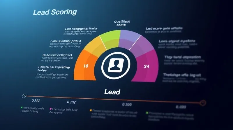 A photorealistic infographic showing a lead scoring system, with different colored segments representing demographic data, behavioral patterns, and engagement levels, culminating in a 'qualified lead' icon. Cinematic lighting, sharp focus, 8K.