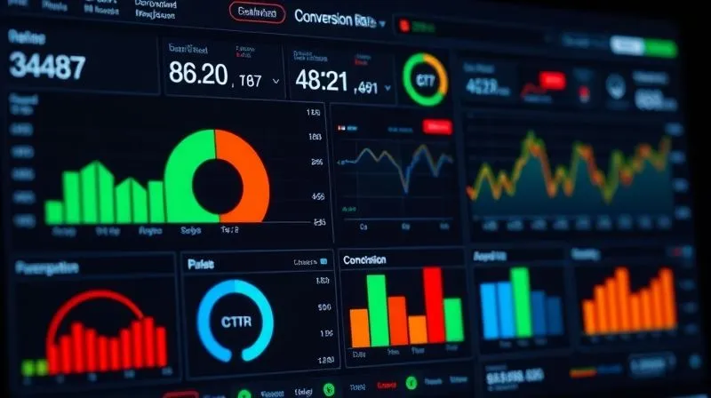 Photorealistic image of a digital marketing dashboard showing various metrics like CTR, CPC, Conversion Rate, with some metrics highlighted in red (low) and others in green (high), indicating areas for improvement. Cinematic lighting, sharp focus, 8K, professional photography, shot on a high-end DSLR.