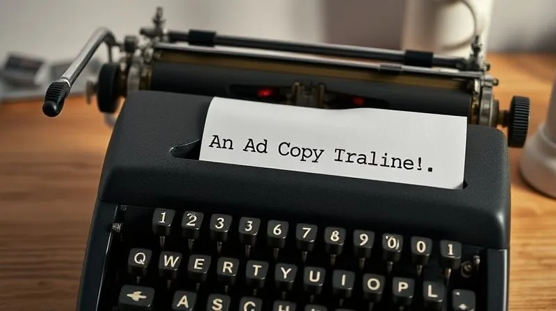 Photorealistic image of a vintage typewriter with a piece of paper partially typed, showing a compelling headline and the beginning of an engaging ad copy. The setting is a minimalist, well-lit desk, emphasizing focus and creativity. Cinematic lighting, sharp focus, 8K, professional photography, shot on a high-end DSLR.