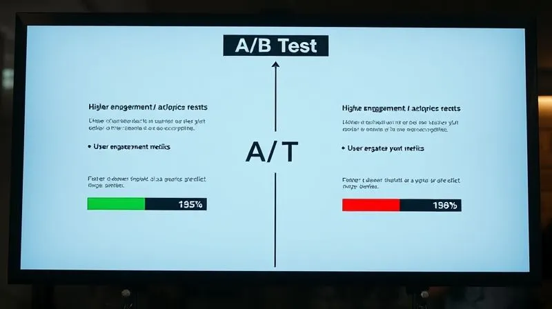 Photorealistic image of two distinct ad copies displayed side-by-side on a digital screen, with a clear "A/B Test" label. One copy shows higher engagement metrics (green indicators) while the other shows lower (red indicators). Cinematic lighting, sharp focus, 8K, professional photography, shot on a high-end DSLR.