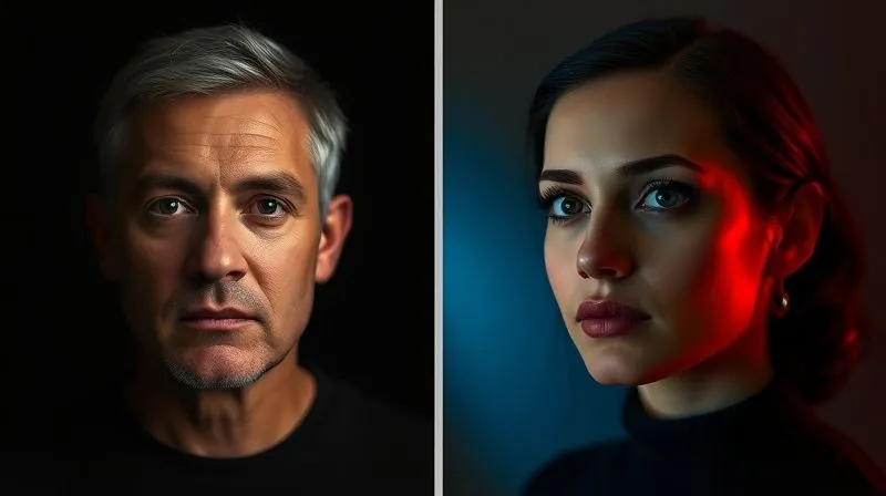 A photorealistic image from a studio setup. On the left, a dull, flatly lit portrait with no shadows or dimension. On the right, the same portrait subject, but with dramatic, professional cinematic lighting that highlights contours and creates depth. A clear visual comparison of 'before' and 'after' lighting. Sharp focus, 8K, shot on high-end DSLR.