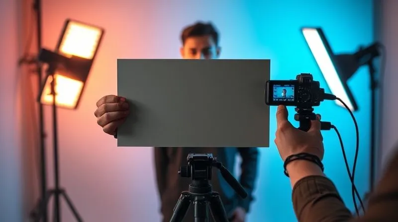 A photorealistic image of a studio setup with a photographer holding a grey card in front of a model. The studio lights emit a warm glow on one side and a cool blue on the other, illustrating the concept of color temperature. The camera is on a tripod, capturing the scene. Cinematic lighting, 8K, sharp focus, depth of field.