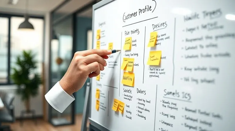 A photorealistic image of a detailed customer persona profile on a whiteboard, with sticky notes highlighting pain points, desires, and demographics. A hand with a pen is pointing to a key insight. Professional office setting, cinematic lighting, sharp focus on the whiteboard, depth of field, 8K, shot on a high-end DSLR.