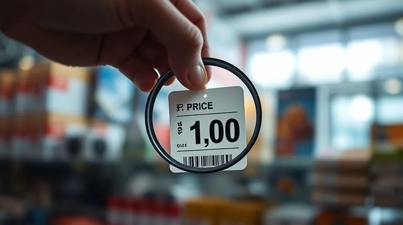 A photorealistic image of a hand holding a magnifying glass over a price tag, with a blurred background showing various infoproduct packages. The focus is on the perceived value versus the numerical price. Cinematic lighting, sharp focus on the magnifying glass and price, depth of field, 8K, shot on a high-end DSLR.