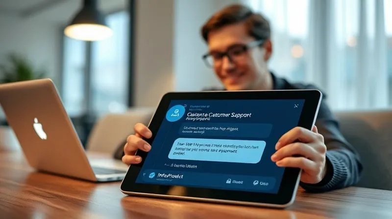 A photorealistic image of a customer support interface on a tablet, with a friendly chatbot icon and a live chat window open. In the background, a person is happily using an infoproduct on a laptop. Cinematic lighting, sharp focus on the tablet, depth of field, 8K, shot on a high-end DSLR.