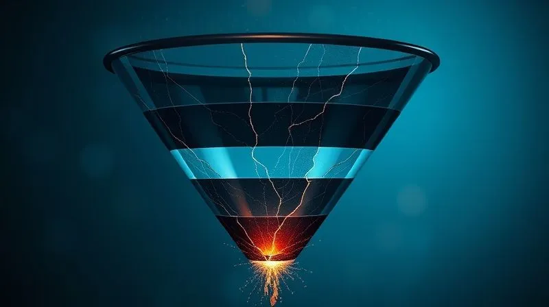 A photorealistic image of a digital marketing funnel, with various stages clearly visible, but with visible cracks and leaks in the middle and bottom sections, symbolizing lost leads and sales. Cinematic lighting highlights the leaks, sharp focus, depth of field, 8K hyper-detailed, professional photography.