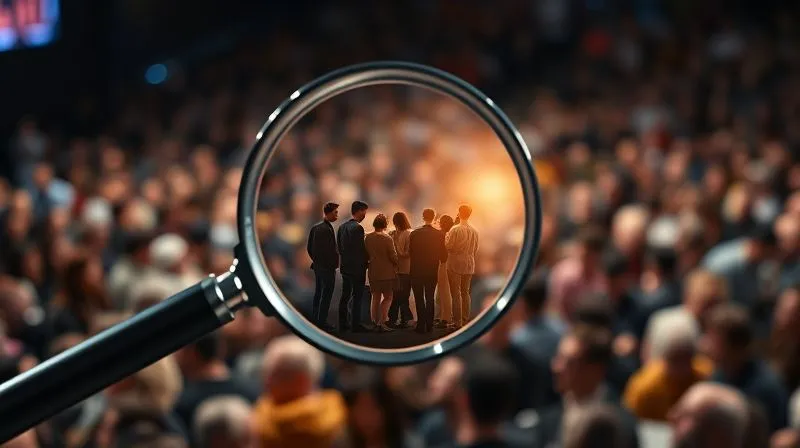 A photorealistic image of a magnifying glass hovering over a diverse crowd, with a spotlight illuminating a specific, targeted group of individuals, symbolizing precise audience segmentation. Cinematic lighting, sharp focus on the targeted group, depth of field blurring the rest of the crowd, 8K hyper-detailed, professional photography.