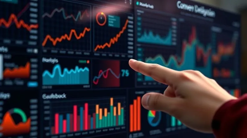 A photorealistic image of a complex data analytics dashboard displaying various charts and graphs, with a human hand pointing to a specific data point indicating a conversion bottleneck. Cinematic lighting, sharp focus on the dashboard, depth of field blurring the background, 8K hyper-detailed, professional photography.