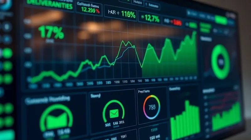 A photorealistic image of a sophisticated digital dashboard displaying various email marketing metrics: open rates, click-through rates, conversion rates, and deliverability scores. The data is trending upwards with green positive indicators. Cinematic lighting, sharp focus on the dashboard, depth of field blurring the background, 8K hyper-detailed, shot on a high-end DSLR.