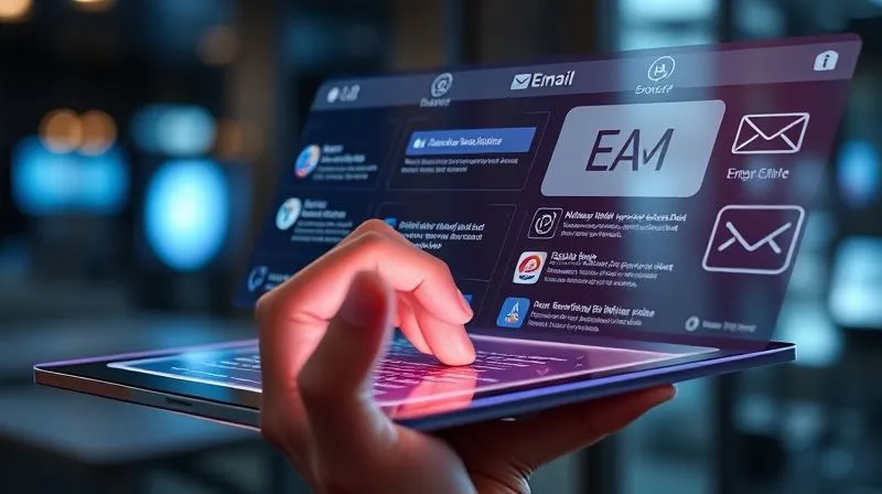 A photorealistic image of a futuristic email interface with holographic elements and AI-driven recommendations, showing hyper-personalized product suggestions and dynamic content. A user is interacting with it on a sleek, transparent tablet. Cinematic lighting, sharp focus on the interface, depth of field blurring the background, 8K hyper-detailed, shot on a high-end DSLR.