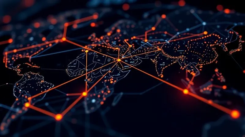 A photorealistic image of a complex logistics network map, with glowing lines representing shipments and small red dots indicating potential bottlenecks or delays, overlayed with a transparent data dashboard showing real-time tracking information, cinematic lighting, sharp focus on the data, depth of field, 8K hyper-detailed, shot on a high-end DSLR.