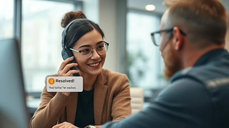 A photorealistic image of a customer service representative empathetically listening to a customer on the phone, with a digital interface showing a resolved issue and a small gift icon. The background is a modern, calm office setting with soft, cinematic lighting, sharp focus on the interaction, depth of field, 8K hyper-detailed, shot on a high-end DSLR.