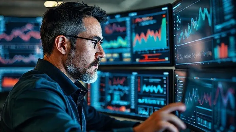 A photorealistic image of a person analyzing complex digital graphs and data on multiple screens, with a focused expression, surrounded by a subtle aura of efficiency and problem-solving. Cinematic lighting, sharp focus on the data, depth of field blurring the background, 8K hyper-detailed, professional photography, shot on a high-end DSLR.