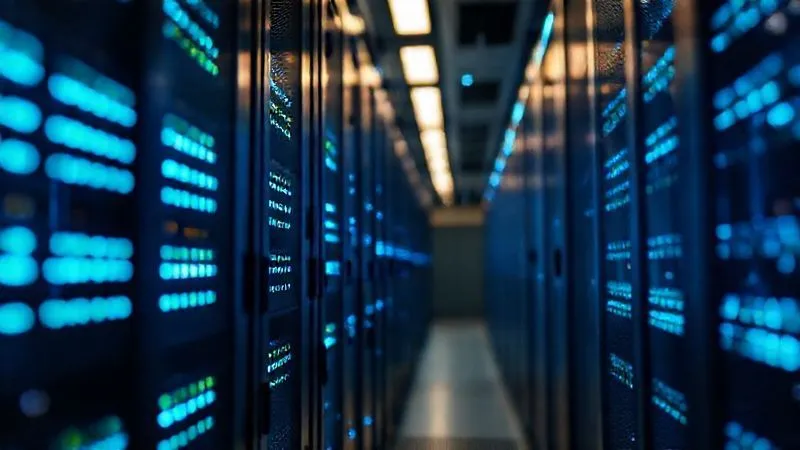 A photorealistic image of a sleek, modern data center server rack with glowing blue lights, symbolizing fast data processing and caching, with a subtle digital overlay representing data flow. Cinematic lighting, sharp focus on the server, depth of field blurring the background, 8K hyper-detailed, professional photography, shot on a high-end DSLR.