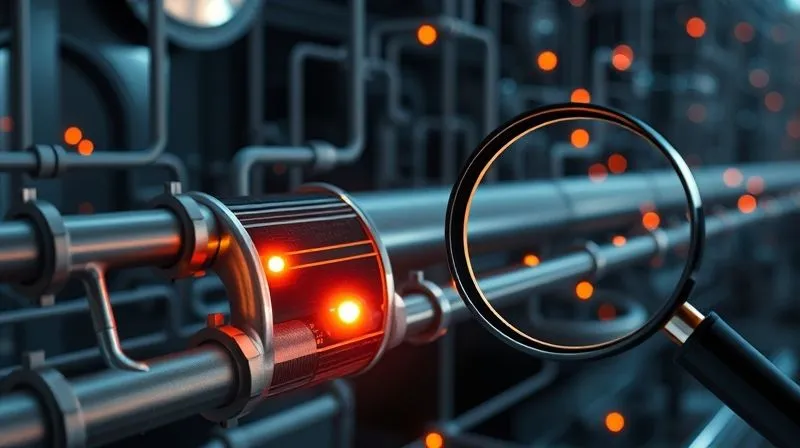 A photorealistic image of a complex, interconnected digital pipeline, representing a sales funnel, with various points of data flowing through. Several sections of the pipeline are clearly broken or leaking, with digital 'leads' (small glowing spheres) escaping. A magnifying glass hovers over one of the leaks, highlighting the problem area. Cinematic lighting, sharp focus on the leaks, depth of field. 8K hyper-detailed, professional photography, shot on a high-end DSLR.