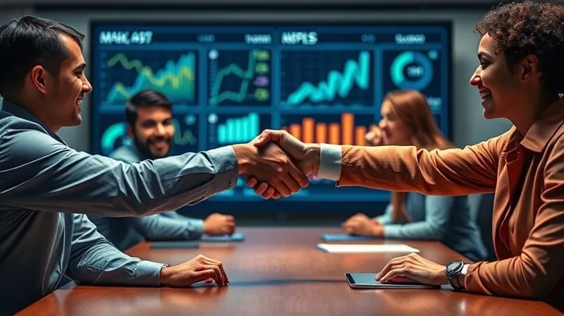 A photorealistic image of two diverse teams, one representing marketing (creative, data-driven individuals) and the other sales (dynamic, customer-focused individuals), shaking hands firmly across a shared table. A digital dashboard displaying unified metrics is visible in the background. Cinematic lighting, sharp focus on the handshake, depth of field, symbolizing synergy and collaboration. 8K hyper-detailed, professional photography, shot on a high-end DSLR.