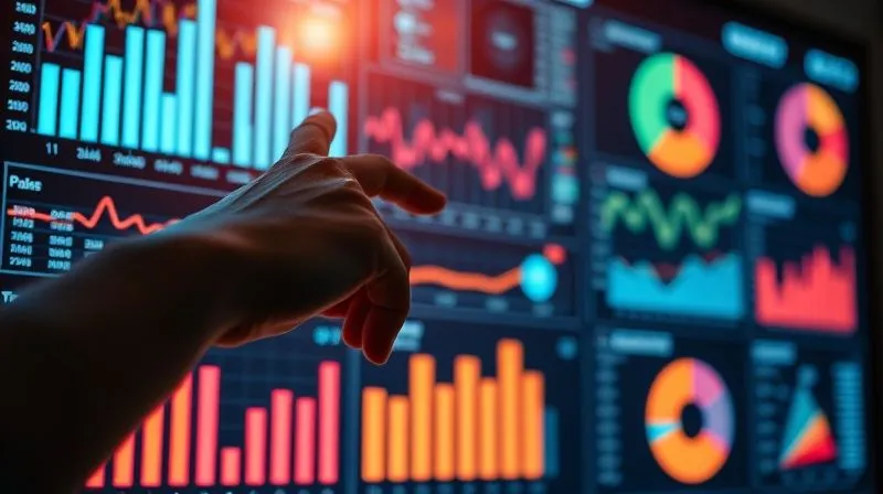 A photorealistic image of a sophisticated digital dashboard displaying various sales and marketing metrics. Bar charts, line graphs, and pie charts glow with vibrant data, highlighting key performance indicators like conversion rates and lead velocity. A focused hand points to a specific metric on a large screen, indicating a point of interest or a potential problem. Cinematic lighting, sharp focus on the dashboard, depth of field. 8K hyper-detailed, professional photography, shot on a high-end DSLR.