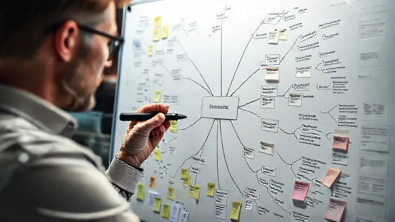 A photorealistic image of a person meticulously organizing a large mind map on a whiteboard, with intricate connections between 'Target Audience', 'Pain Points', 'Solutions', 'Competitors', and 'Market Gaps'. The person holds a marker, deep in thought, surrounded by sticky notes and data printouts. Professional photography, 8K, cinematic lighting, sharp focus on the mind map, depth of field blurring the office background, shot on a high-end DSLR.