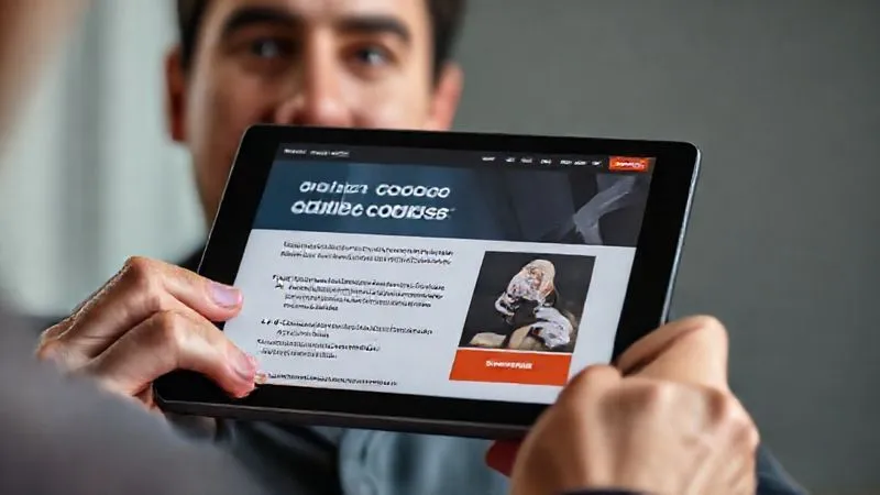 A photorealistic close-up of a person's hands holding a tablet, displaying a well-designed sales page for an online course. The person's eyes are focused and engaged, with a slight smile of understanding. The tablet screen shows clear headlines, benefit-driven bullet points, and a compelling call to action. Professional photography, 8K, cinematic lighting, sharp focus on the tablet and hands, depth of field blurring the background, shot on a high-end DSLR.