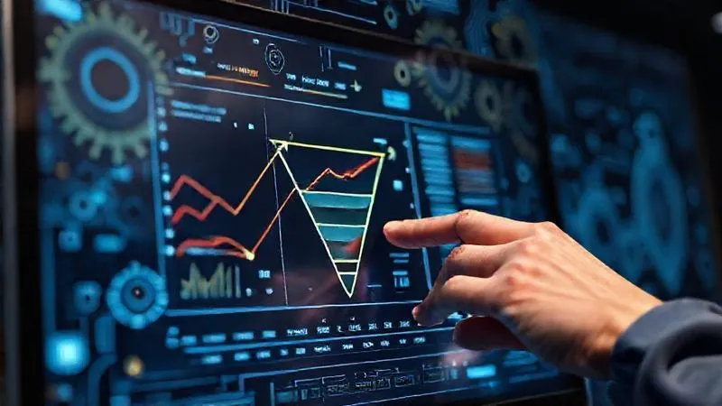 A photorealistic image of a complex sales funnel diagram on a digital screen, with various arrows and data points indicating optimization. Hands are subtly interacting with the screen, suggesting active analysis and adjustment. Gears and circuit board patterns are subtly integrated into the background, symbolizing efficiency and technological improvement. Professional photography, 8K, cinematic lighting, sharp focus on the screen, depth of field blurring the background, shot on a high-end DSLR.