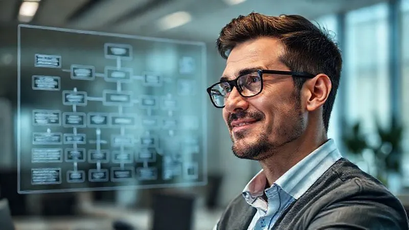 A photorealistic image of a determined entrepreneur, looking thoughtfully at a complex flowchart of a business strategy, with a slight smile of understanding and resolve. The background is a modern, minimalist office with subtle digital interfaces visible, symbolizing strategic thinking and problem-solving. Cinematic lighting, sharp focus on the entrepreneur's face and the flowchart, depth of field blurring the background, 8K hyper-detailed, professional photography, shot on a high-end DSLR.