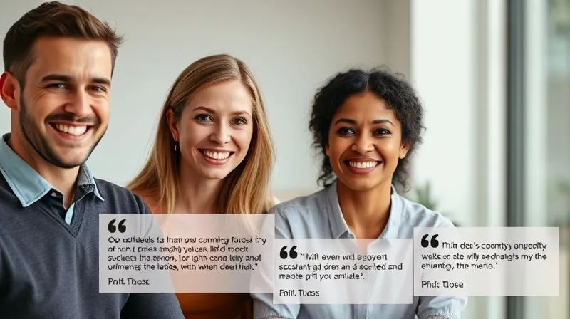 A photorealistic image of a diverse group of happy clients (a couple, a family, a business professional) smiling and looking genuinely pleased, with their positive testimonials subtly overlaid or displayed next to them on a clean, modern website interface. Cinematic lighting, sharp focus on the faces and testimonials, 8K hyper-detailed, shot on a high-end DSLR.