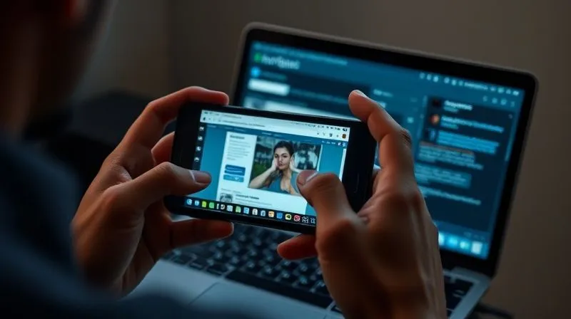 photorealistic, professional photography, 8K, cinematic lighting, sharp focus, depth of field, shot on a high-end DSLR, a person's hands holding a smartphone, taking a screenshot of a laptop screen displaying a website with an unauthorized photo, digital forensic tools visible on the laptop, a serious but determined expression, emphasizing meticulous evidence collection.