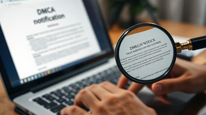 photorealistic, professional photography, 8K, cinematic lighting, sharp focus, depth of field, shot on a high-end DSLR, a person's hands typing on a keyboard, with legal documents and a DMCA notification form visible on the screen, a magnifying glass resting on a printed legal text, emphasizing the formal and detailed nature of legal notices.