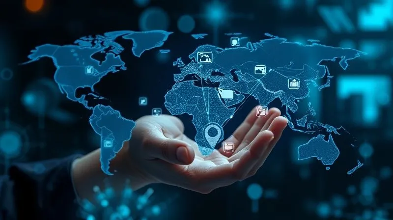 photorealistic, professional photography, 8K, cinematic lighting, sharp focus, depth of field, shot on a high-end DSLR, a hand interacting with a holographic interface showing a global map with lines connecting to various image icons, representing digital image tracking and copyright protection, futuristic and secure atmosphere.