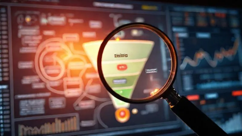 Photorealistic image of a complex sales funnel diagram, with magnifying glass highlighting specific points of leakage, rendered with glowing data streams and analytics dashboards in the background, cinematic lighting, 8K hyper-detailed.