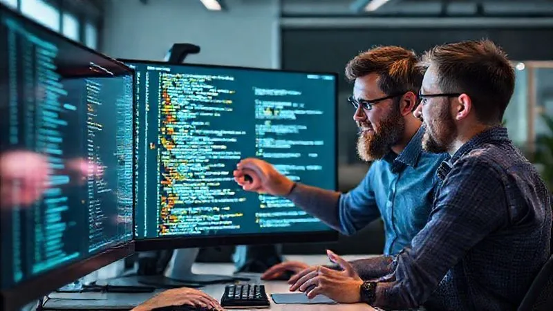 A photorealistic image of a team of three software developers huddling around a large monitor, pointing at a complex Git log, one developer looking relieved while another explains a solution, with lines of code and Git branch visualizations on screen, professional office setting, cinematic lighting, sharp focus on the team, depth of field blurring the background, 8K hyper-detailed, professional photography, shot on a high-end DSLR.