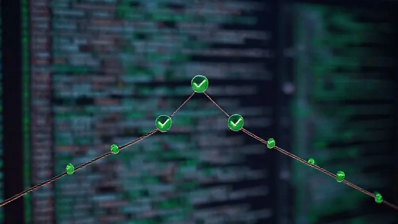 A photorealistic image of two distinct, clean Git branch lines converging smoothly into a single, organized main branch, representing a successful merge or rebase, with subtle green checkmarks indicating success, cinematic lighting, sharp focus on the branching structure, depth of field blurring a background of code, 8K hyper-detailed, professional photography, shot on a high-end DSLR.