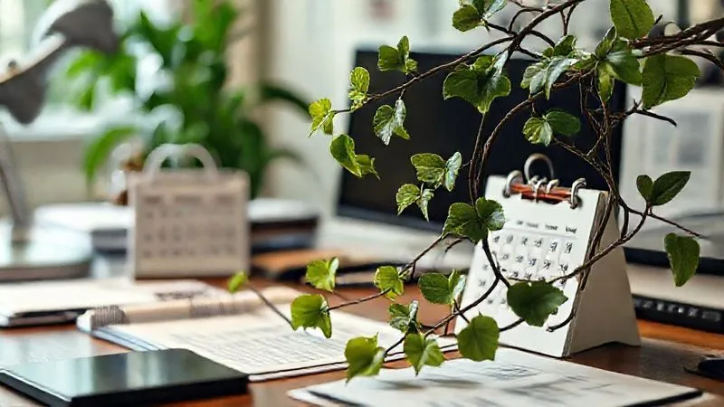 A photorealistic image of a metaphorical "creeping vine" subtly intertwining with marketing project documents and a calendar showing overdue dates, set on a professional desk. Cinematic lighting, sharp focus on the vine and documents, depth of field blurring the background. 8K hyper-detailed, professional photography, shot on a high-end DSLR.