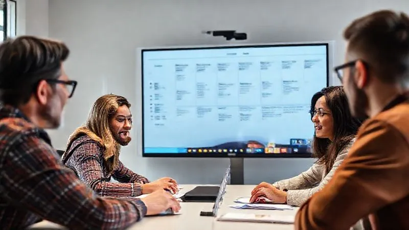 A photorealistic image of a diverse project team engaged in a video conference call, with a client representative on screen, all looking focused and communicative. A clear project timeline is visible on a whiteboard in the background. Cinematic lighting, sharp focus on the team, depth of field. 8K hyper-detailed, professional photography, shot on a high-end DSLR.