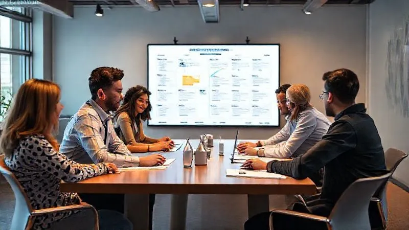 A photorealistic image of a diverse and collaborative team of marketing professionals, working together around a large table, looking engaged and proactive. A clear project roadmap is displayed on a large screen in the background. Cinematic lighting, sharp focus on the team's interaction, depth of field. 8K hyper-detailed, professional photography, shot on a high-end DSLR.