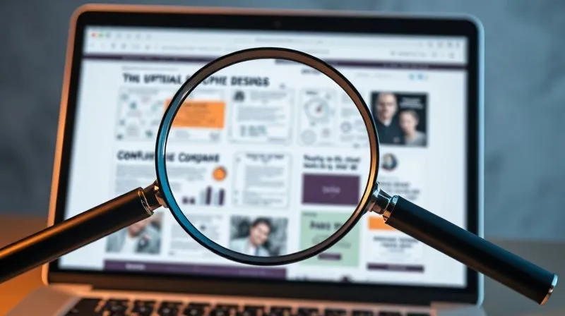 A photorealistic image of a magnifying glass hovering over a cluttered, confusing landing page design on a laptop screen, highlighting areas of improvement. The background is a clean, optimized landing page. Professional photography, 8K, cinematic lighting, sharp focus on the magnifying glass and screen, depth of field.