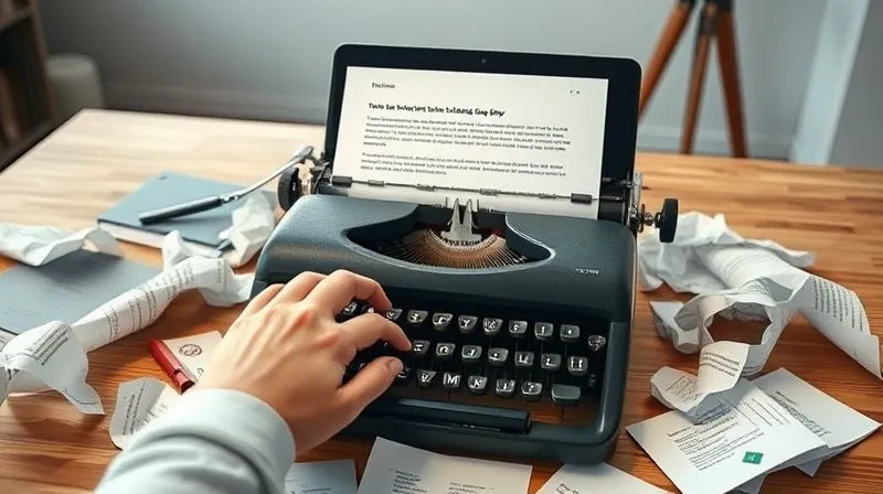 A photorealistic image of a person's hand typing on a vintage typewriter, surrounded by crumpled papers, with a focused expression. The background is a modern, clean desk with a laptop displaying a well-structured landing page copy. Cinematic lighting, sharp focus on the typewriter and hands, depth of field, 8K hyper-detailed, professional photography.
