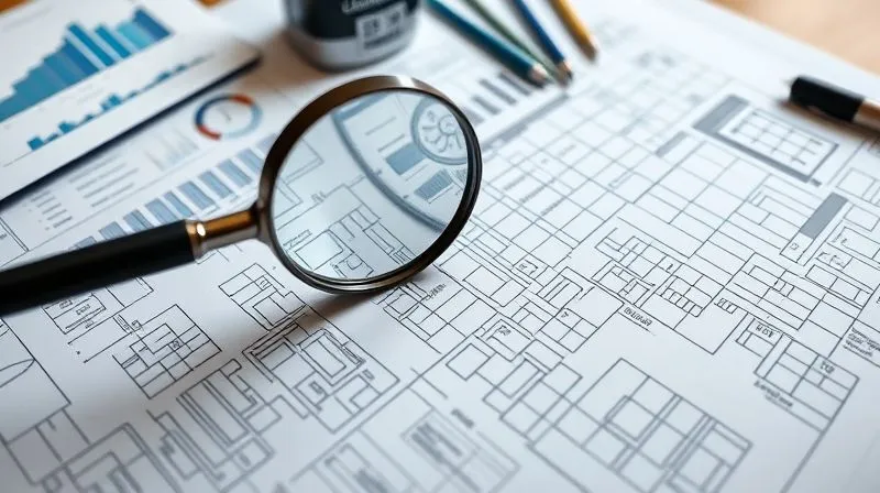 A photorealistic image of a magnifying glass hovering over a complex blueprint of a landing page, highlighting a specific section. There are data charts and user personas scattered around the table, all under cinematic lighting, sharp focus, depth of field, 8K, professional photography, shot on a high-end DSLR.
