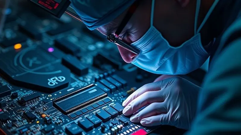 A photorealistic image of a skilled surgeon carefully performing a delicate operation on a complex digital circuit board, representing a landing page. The tools are precise, the lighting is focused, reflecting deep concentration. 8K, cinematic lighting, sharp focus, depth of field, professional photography, shot on a high-end DSLR.