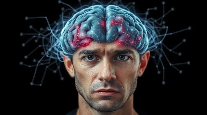 A photorealistic image of a person's brain with a complex, tangled maze of digital pathways superimposed, representing cognitive overload and confusion. The person has a slightly stressed expression. Cinematic lighting, sharp focus, depth of field, 8K hyper-detailed, professional photography.