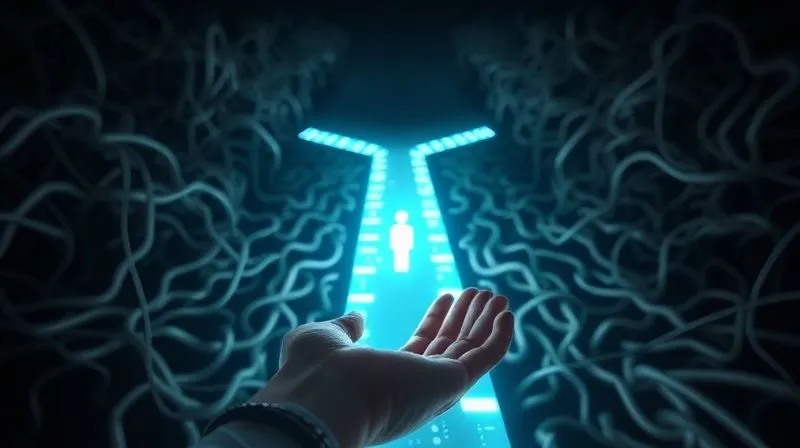 A photorealistic image of a clear, glowing digital pathway emerging from a tangled, dark maze, symbolizing simplification and a successful user journey. A hand is gently guiding a user icon along the bright path. Cinematic lighting, sharp focus, depth of field, 8K hyper-detailed, professional photography.
