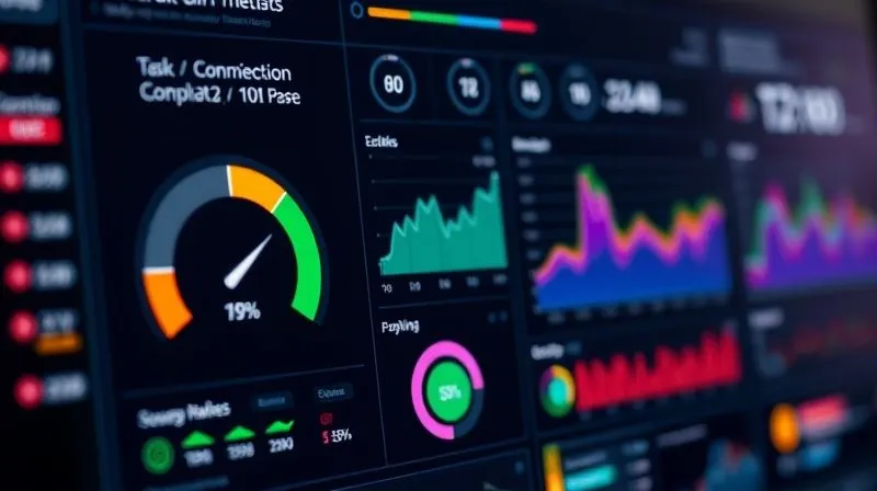 A photorealistic image of a dashboard displaying various UX metrics with clear, vibrant charts and graphs, including a prominent gauge showing 'Task Completion Rate' and a line graph for 'Time on Task'. The data is clearly positive, indicating success. Cinematic lighting, sharp focus, depth of field, 8K hyper-detailed, professional photography.