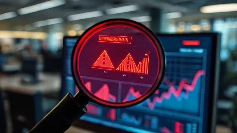 A photorealistic image of a detective magnifying glass hovering over a computer screen displaying ecommerce analytics charts with red warning signs, cinematic lighting, sharp focus on the screen, depth of field blurring a busy office background, 8K hyper-detailed, professional photography, shot on a high-end DSLR.