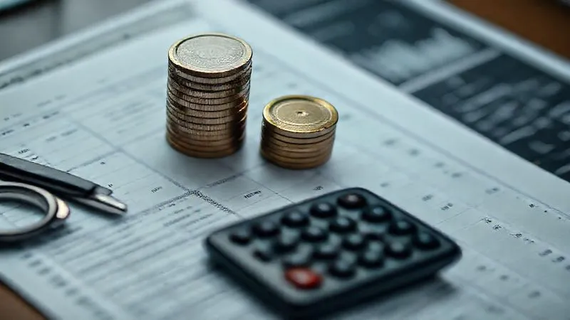 A photorealistic image of a detailed financial ledger with a calculator and a stack of coins, overlaid with a subtle digital interface of an ecommerce platform. The lighting is focused and analytical, sharp focus on the ledger, depth of field blurring the background, 8K hyper-detailed, professional photography, shot on a high-end DSLR.