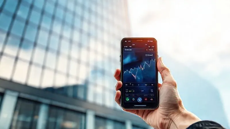 A photorealistic image of a modern, sleek office building facade reflecting a clear sky, with subtle digital financial graphs overlaid transparently. In the foreground, a person's hand holds a smartphone displaying a stock market app. Professional photography, 8K, cinematic lighting, sharp focus on the building and phone, depth of field blurring the background, shot on a high-end DSLR.